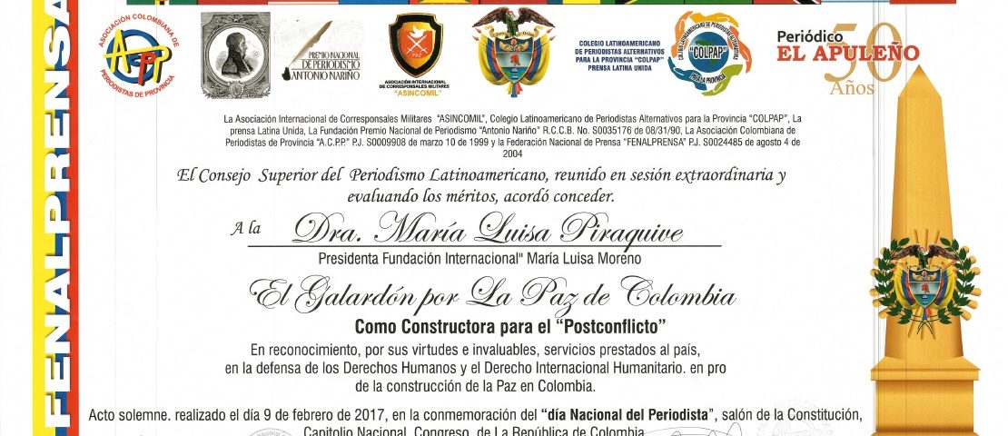 Dra. Maria Luisa Piraquive: Galardón por la Paz de Colombia como  constructora para el 