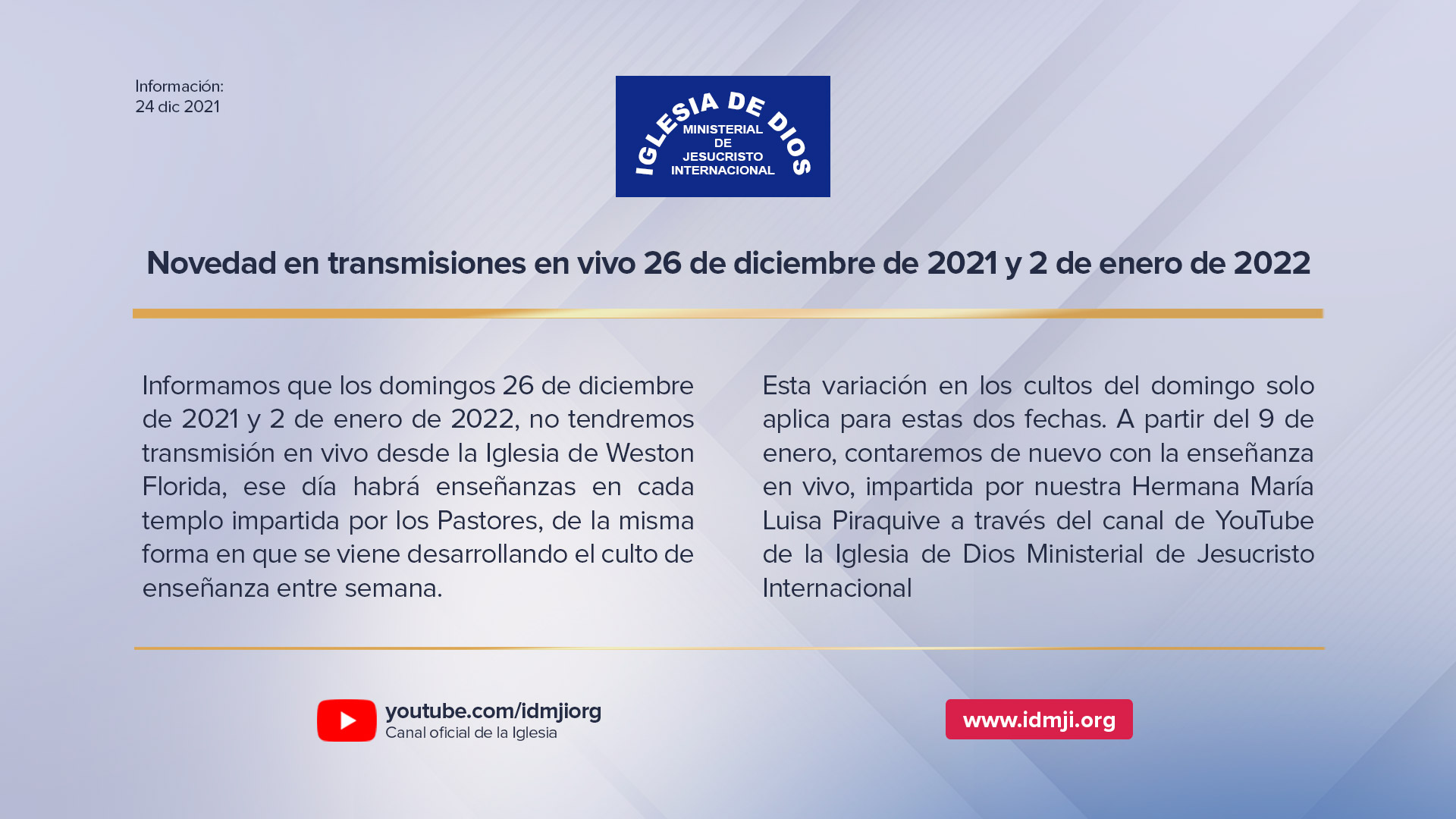 Novedad En Transmisiones En Vivo 26 De Diciembre De 2021 Y 2 De Enero 